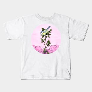 Blue tit in the pink sky Kids T-Shirt